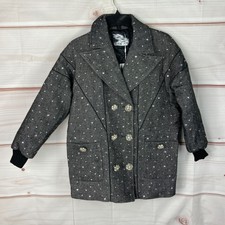 Aviva On Earth Rhinestone Pea Coat Womens Jacket Wool Blend Herringbone Zip 34 M