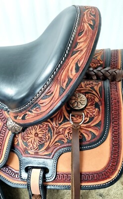 Selle De Cheval Western Barrel Racing En Cuir Floral Avec Têtière, Poitrail Et Rênes