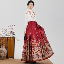 Women's Skirt Horse Face Long Swing Pleated Tie Up A-Line Skirt Chinese Hanfu