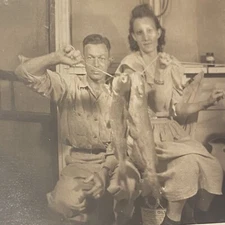 Found B&W Photo Couple With Stringer Of Fish Catfish Man Woman Cleveland Oklahom