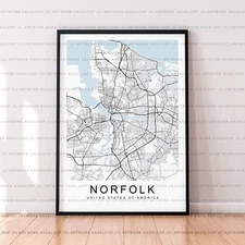 Norfolk Map Poster Print Unframed Modern Wall Art Street Layout United States
