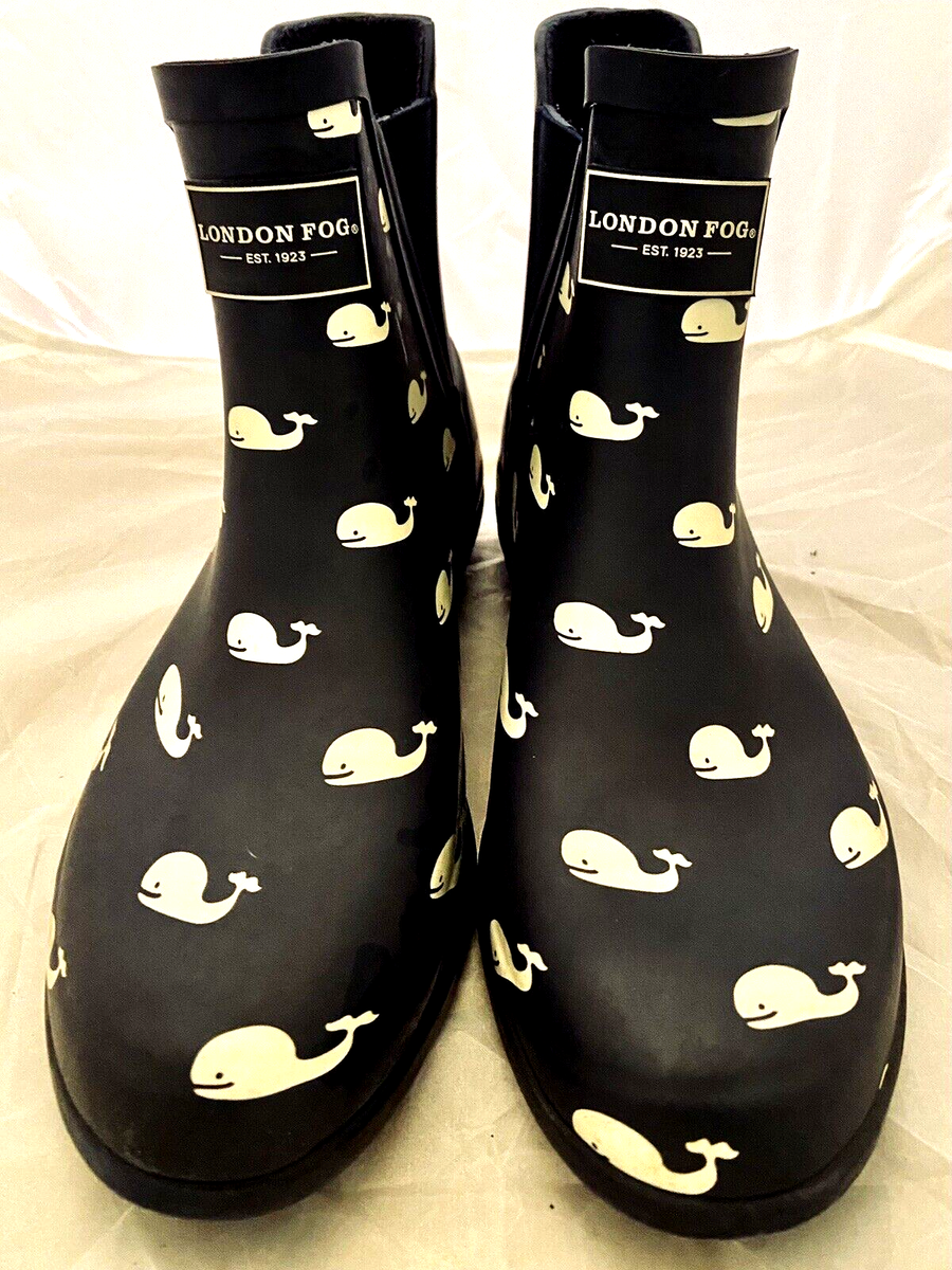 LONDON FOG PICCADILLY RAIN BOOT, NAVY BLUE WITH WHITE WHALES, SIDE