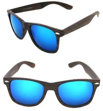 Men's Women's Retro Horn Rimmed brown wood color Sunglasses Blue Mirrored Lenses