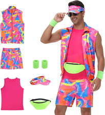 80s Outfit for Men, Neon Retro Workout Costume Set with X-Large, Pink