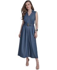 HALSTON Blue Sleeveless Collared V-neck Faux Denim Dress, Slate Blue, Size-14