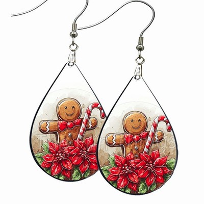 Candy Canes Ginger Bread & Poinsettias Christmas Earrings Teardrop Dangle Wood