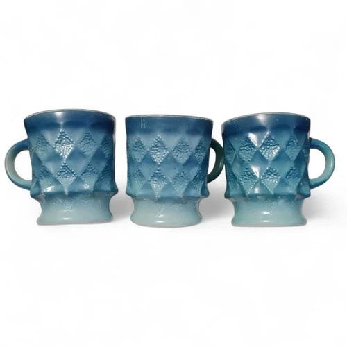Vintage Fire King Blue Kimberly Diamond Mugs Set of 3 Anchor Hocking MCM Ombre