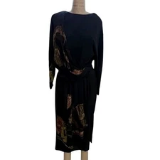 Holly's Harp Vintage Black Silk Dress Size S Artistic Print Drape Waist Midi