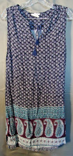 Beach Lunch Lounge Boho Tasseled Tank Dress Women's Size M Blue Geometric Print