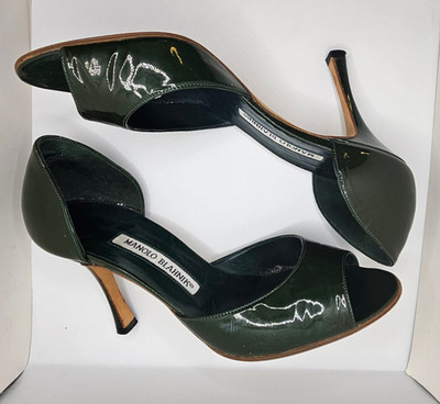 DEFECTIVE Authentic Manolo Blahnik Dark Green Patent Leather DOrsay Peep G3D