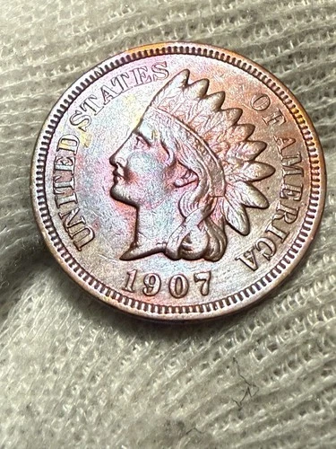 1907 Indian Head Cent Penny, Lustrous Gem Au+ RD Toned
