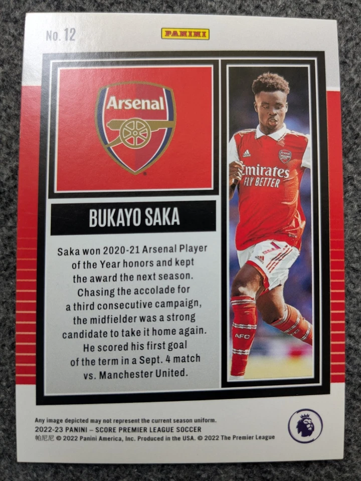 2022-23 PANINI SCORE PREMIER LEAGUE  BUKAYO SAKA GREEN LAZER PARALLEL#12#D3/5 - Image 2 of 4