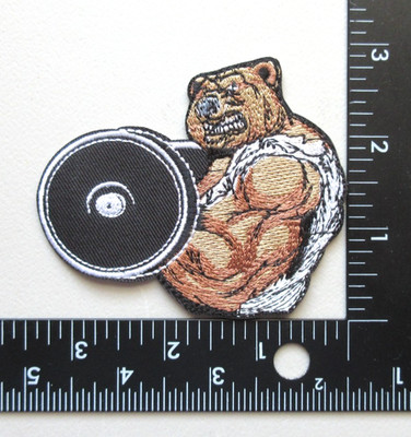  BEAR WITH MUSCLES GYM FLEXING LIFTING WEIGHTS EMBROIDERED IRON ON PATCH
