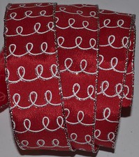 Wired Ribbon Christmas Silver Swirl Holiday Red White 1.5" Wreath Gift Bow