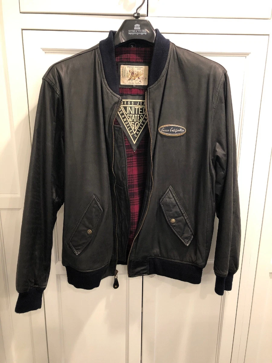 VTG GUESS GEORGES MARCIANO VARSITY LEATHER JACKET L Wool Flannel CALIFORNIA 80s