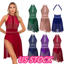  Women Lyrical Dance Dress Halter Neck High-Low Skirt Ballet Leotard Dancewear