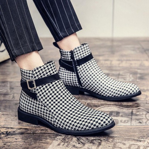 Men's Fashion Dress Retro Plaid Chelsea Strappy Buckle Pull On Ankle Boots Party - Picture 2 of 13