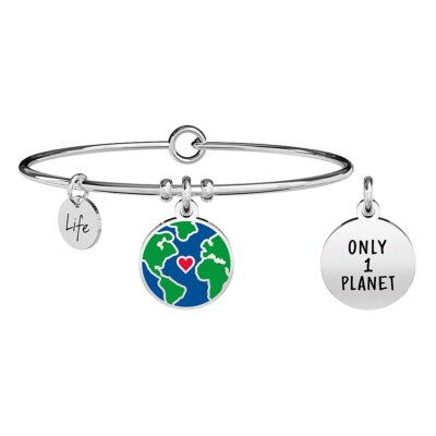 KIDULT Bracciale Rigido Acciaio 316L Con Ciondolo Piuma E Cristallo - Natura - Gioiello Unisex