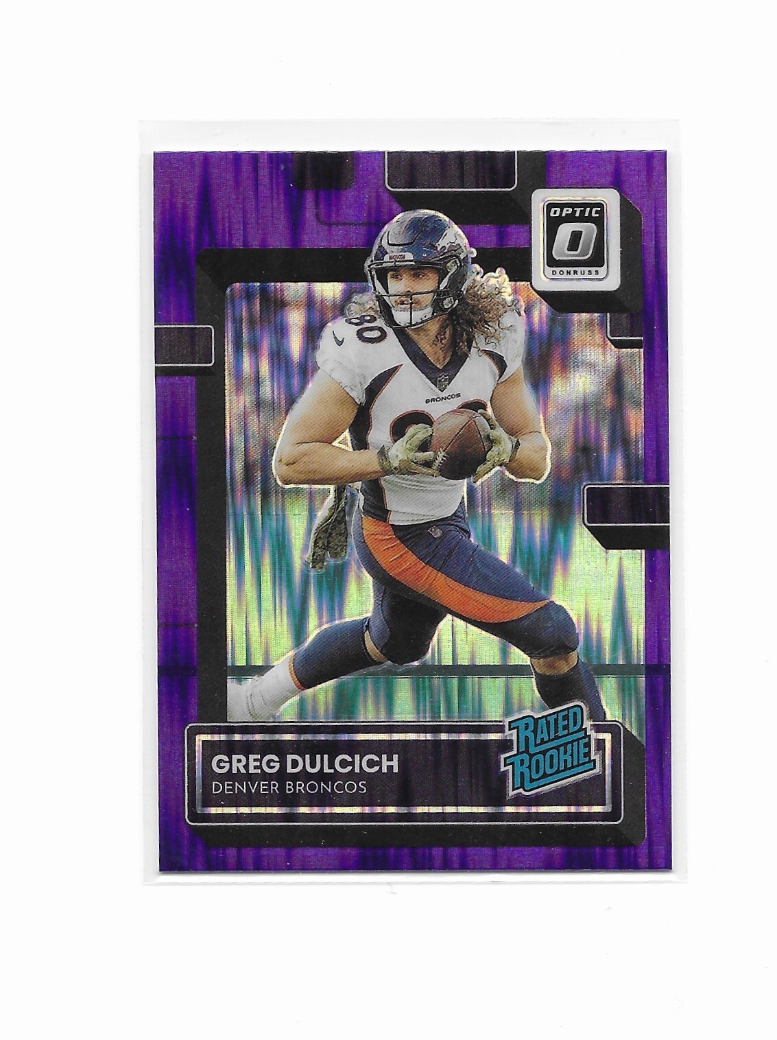 Greg Dulcich 2022 Donruss Optic Rated Rookie PURPLE SHOCK RC #288 Broncos