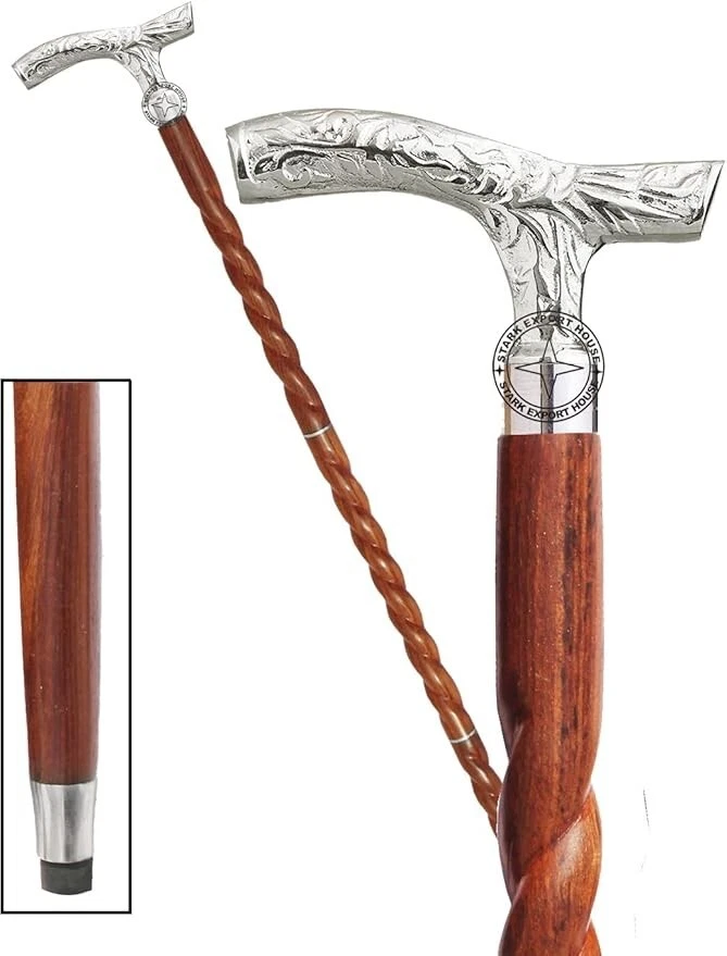 Antiguo bastón de madera de palo de rosa de níquel con mango de cabeza de latón Foto 2 de 4