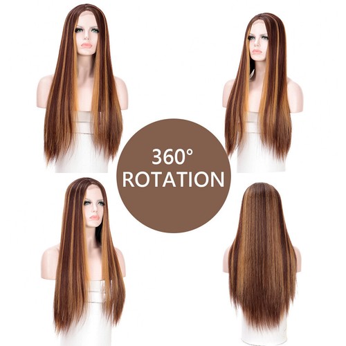 Brown Blonde Long Straight Wig Pre-Combed Natural Hairline Heat Resistant Fiber - Picture 11 of 12