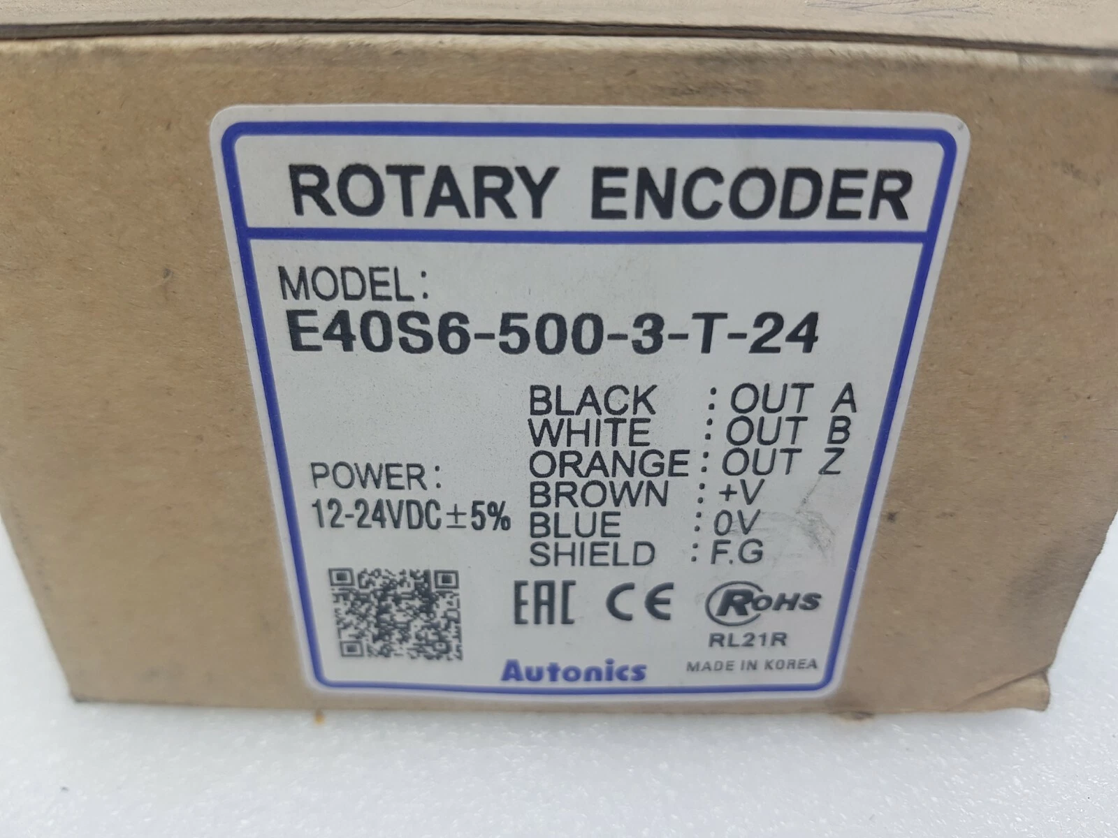 Box label: Autonics rotary encoder E40S6-500-3-T-24, 12–24 VDC, wire colours for A, B, Z, +V, 0 V