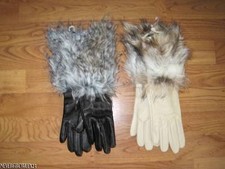 WOMENS LADIES LEATHER/FAUX-FUR LONG CUFF GLOVES S M L BLACK IVORY NWT