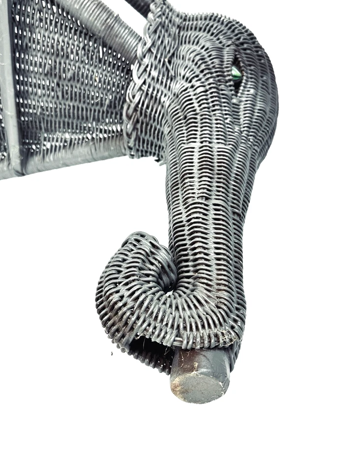 Vintage Triangular Wicker Elephant Table Stand Gray 36" x 19" tall Marble Eyes - Image 4 of 4