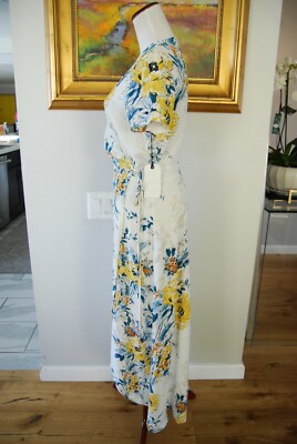 leith floral maxi dress Leith Ivory White Romantic Floral Wrap Maxi Dress Adjustable Size Small NWT