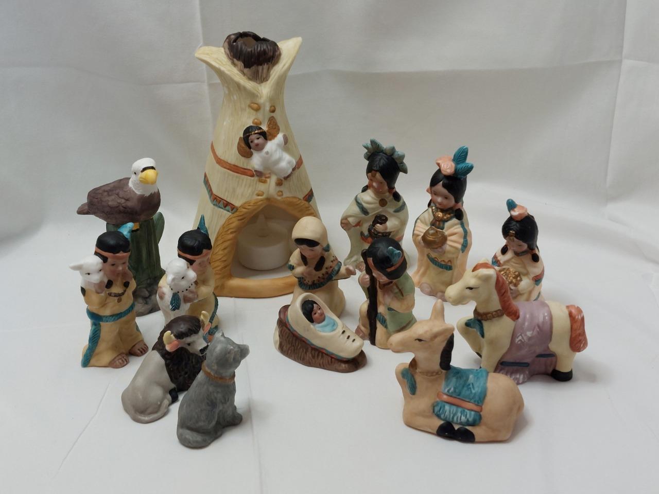 Native American Nativity Set Ceramic 14 pc Vintage Christmas display