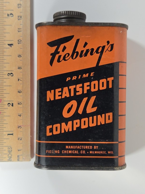 8 Fluid Oz. FIEBING'S PRIME NEATSFOOT OIL COMPOUND pre-1964 (25% Full) Tin Can