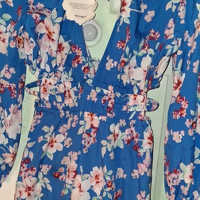 indulge Coco Blue Floral Chiffon Long Sleeve V-Neck Maxi Dress Ruffle Size large
