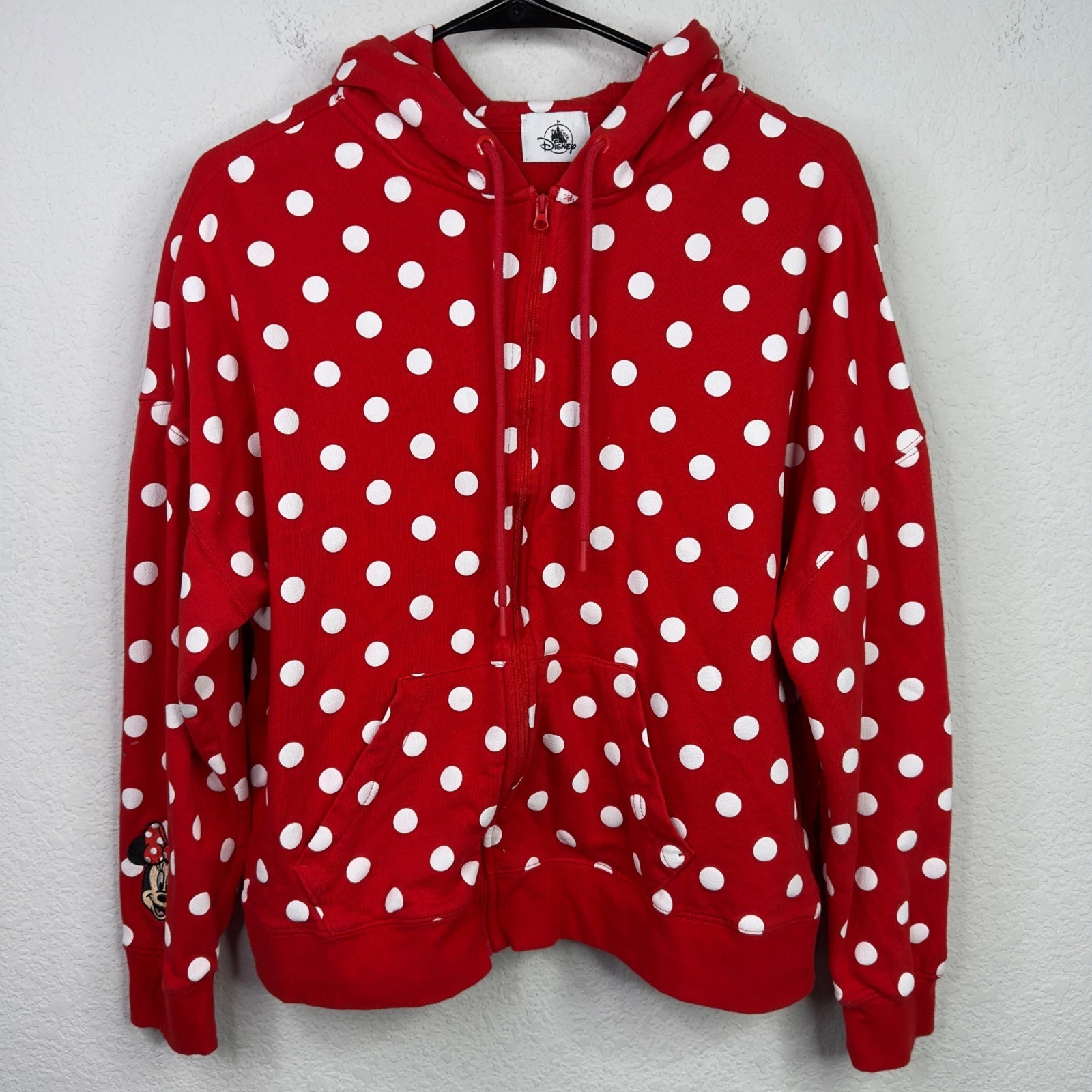 Disney Parks Minnie Mouse Hoodie Women M Red Polka Dot Zip Ears Bow Cosplay