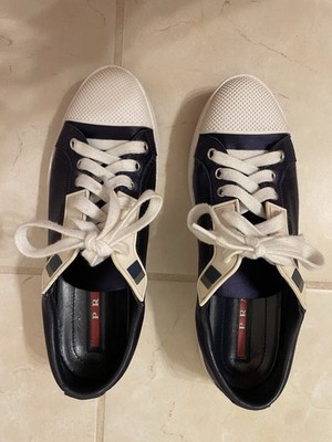 PRADA Sport Satin Low Top Sneakers Shoes Navy Blue Size 36.5