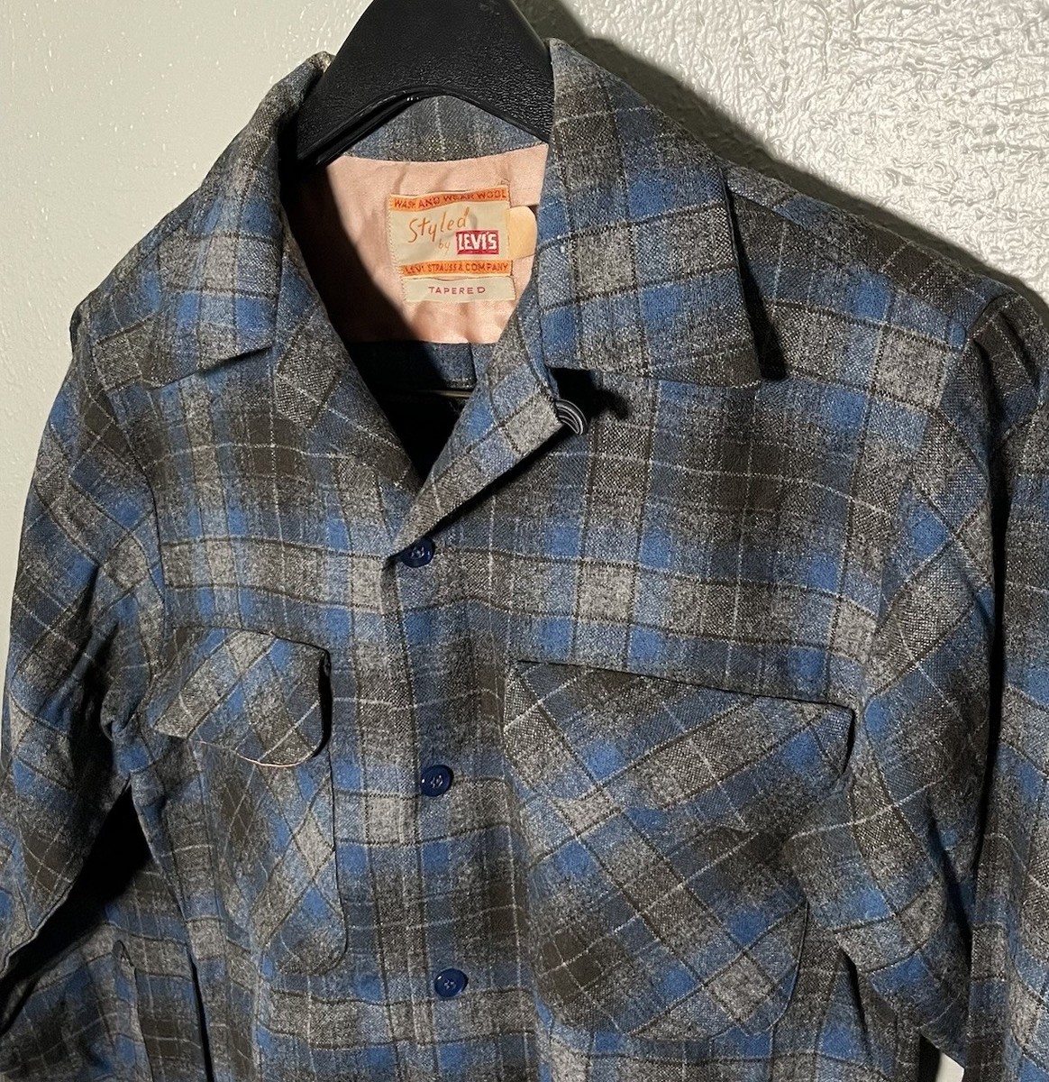 50s LEVI’S loop color plaids wool shirt Vintage Levi's Wool Board Shirt 50s Multi Plaid Loop Collar Mens