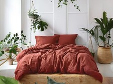 Brick Red Organic Linen Duvet Cover: Boho Style Bedding, Set With Coconut Button