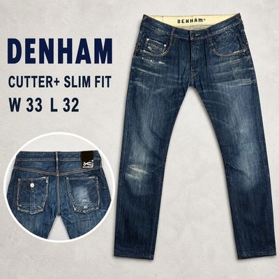 Denham Cutter+ Slim Fit Jeans Mens 33x32 Indigo Blue Faded Cotton DM04009