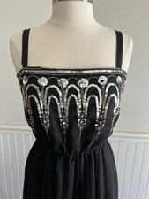 Vintage 70s Jack Bryan Maxi Evening Dress Sequin Pleated Chiffon Black Small