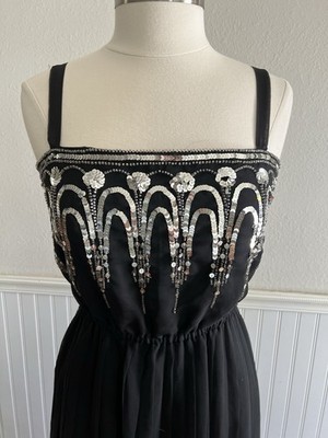Vintage 70s Jack Bryan Maxi Evening Dress Sequin Pleated Chiffon Black Small