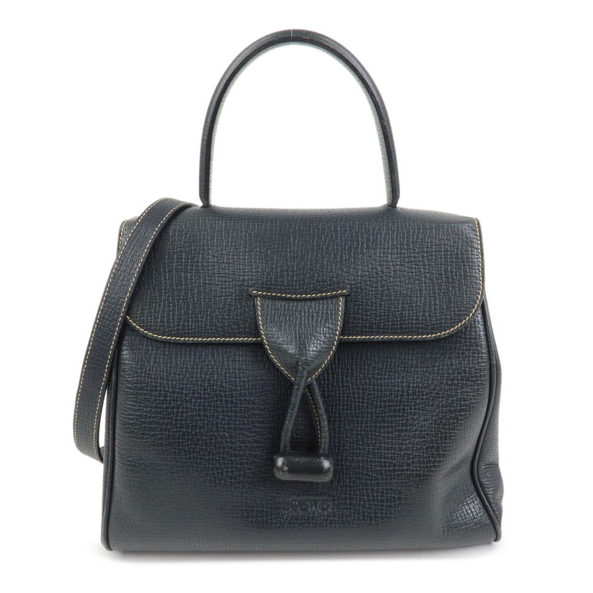 LOEWE Leather 2Way Bag Hand Bag Shoulder Bag Dark Navy Authentic 