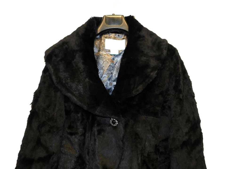 Abrigo de piel de conejo negro Nine West L cuello chal de un botón invierno fiesta formal Lg Foto 2 de 4