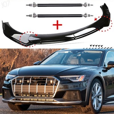 For Audi A6 C5 S6 Gloss Front Bumper Lip Splitter Spoiler + 2x Blk Strut Rods