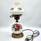 Vintage Gone W/The Wind Milk Glass Hand Painted Rose Hurricane Boudoir Lamp 13"