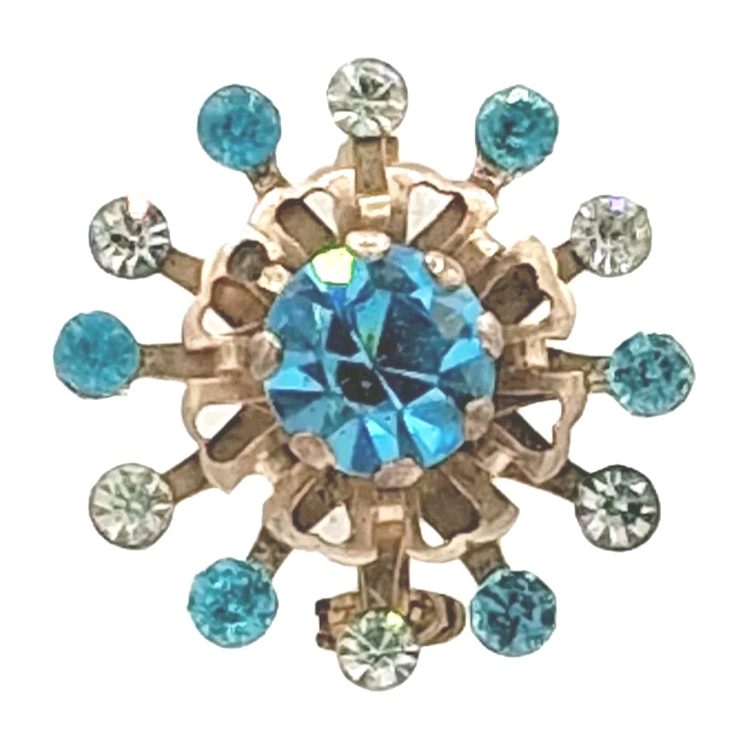 Vtg 1950s Blue Rhinestone Starburst Pin Brooch Layered Gold Tone Atomic Sparkle