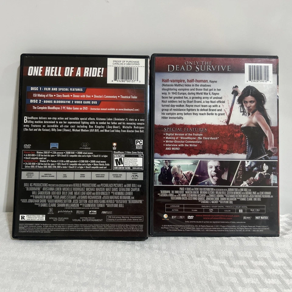 Bloodrayne + The Third Reich MOVIES DVD Lot CULT CLASSICS - Imagem 2 de 4