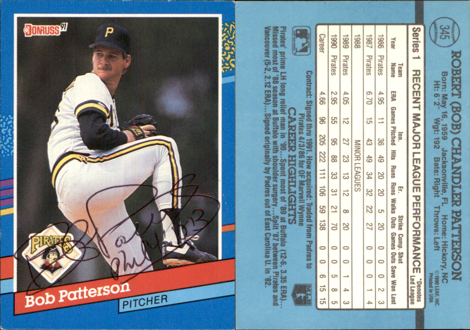 Bob Patterson Signed 1991 Donruss #345a Card Pittsburgh Pirates Auto AU