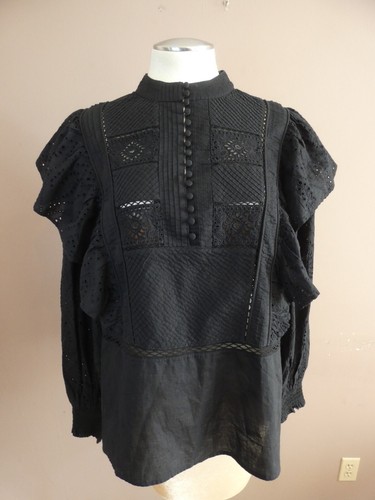 AllSaints Women's US 6 Black Aubrey Broderie Cotton Ruffle Top Black Lace Detail