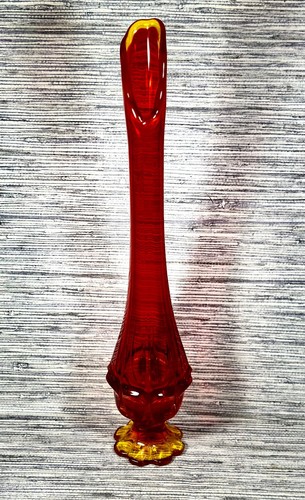 Vintage Fenton Valencia Orange Red Amberina Swung Stretch Art Glass Vase 15.25" - Picture 14 of 21