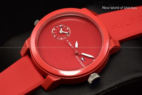 Tommy Hilfiger Men's DENIM 44mm VALENTINE RED Quartz ALL RED Rubber Strap Watch - Picture 2 of 14
