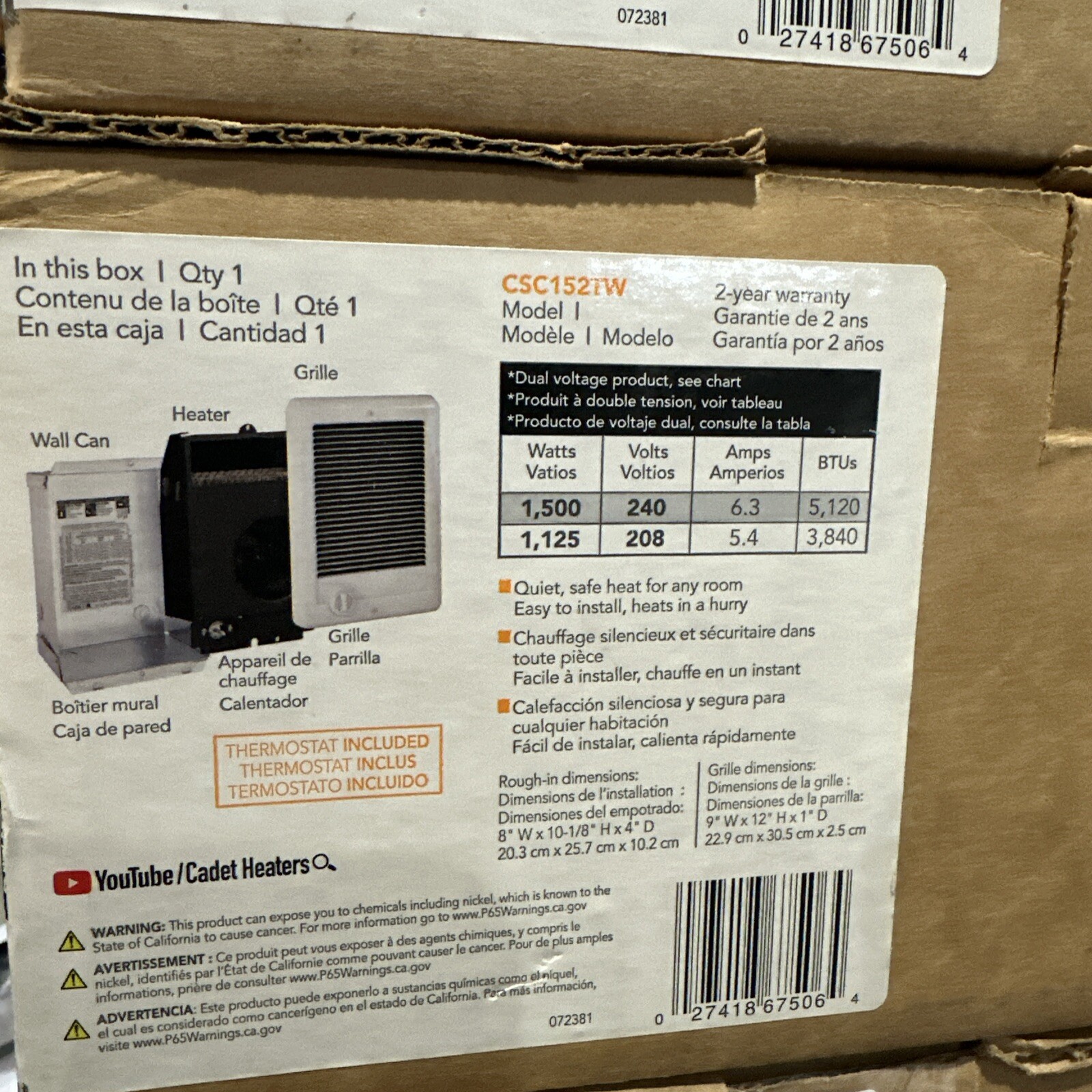 Cadet CSC152TW (67506) Wall Electric Heater With Thermostat, 1500 Watt, White